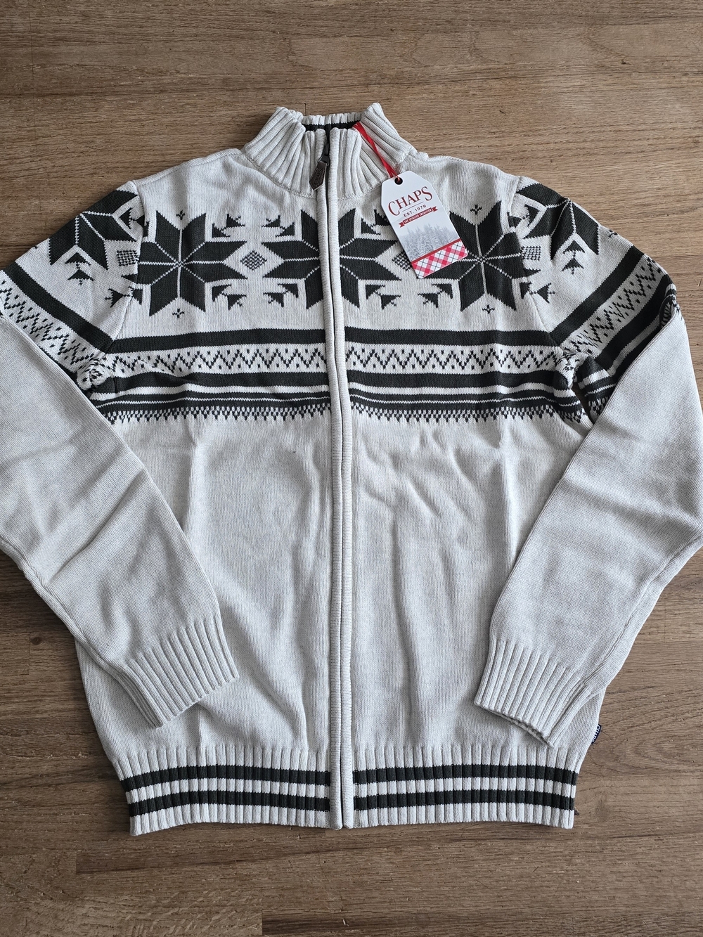 Chaps Men’s Medium Cream Zip-Up Fair Isle Christmas Holiday Sweater